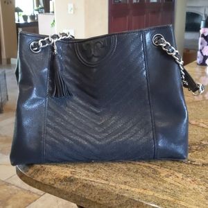 Large Tory Burch Black Chevron Fleming tote